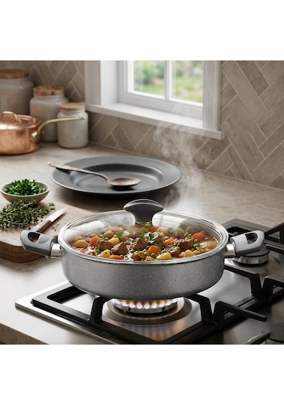 Papilla Fred 28 Cm Basık Granit Tencere - Karnıyarık Cam Kapaklı Brkt-705687- 6'li Paket Diğer