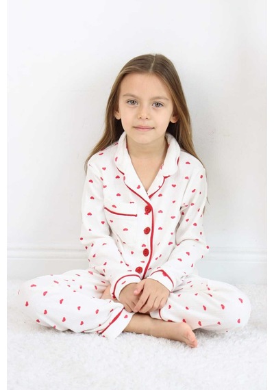 Esila Kids Kız Çocuk Pijama Takımı Kalp Desenli Yakalı Önü Düğmeli Cep Detaylı 4-12 Yaş Arası Kırmızı