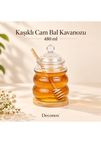 Kaşıklı Cam Bal Kavanozu 480 Ml, Cam Kapaklı, Bambu Bal Kaşığı Ve Bambu Altlık Dahil, Şeffaf Kahvaltılık Ballık Çok Renkli
