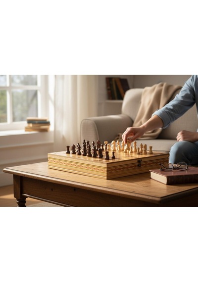 El Yapımı Lüks Nakış İşlemeli Doğal Ahşap Sandıklı Premium Satranç Takımı 45x45 Cm. Hediyelik Set 2