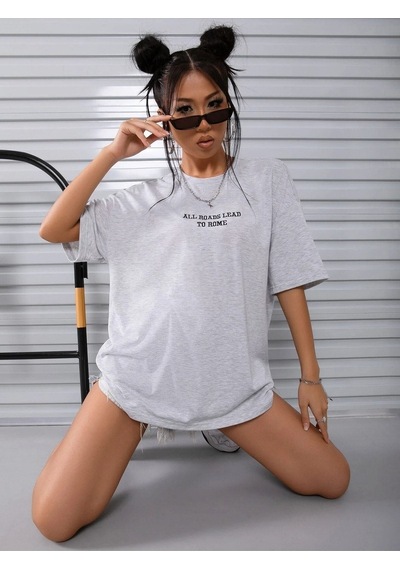 To Rome T-shirt - Gri Baskılı Oversize Bisiklet Yaka Kısa Kol Tişört Gri