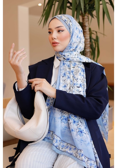 Mimiyum Lemon Flower Nayf İpek Şal Mavi