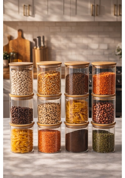 Porsima 1-4 Bambu Vakumlu Kapaklı Yuvarlak Cam 12li Kavanoz Seti Saklama Kabı 750ml 10x12cm