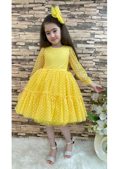 Mnk Baby & Kids Katkat Prenses Dantel Tokalı Kız Çocuk Elbise Sarı
