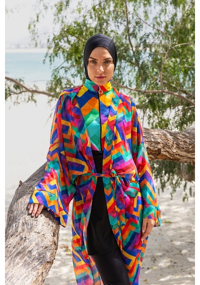 Remsa Mayo Remsa Tesettür Mayo Üzerine Tek Kaftan Kimono Pareo Rp016 Tetris Siyah
