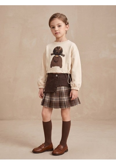 Zekids Kız Çocuk Baskılı Sweatshirt Ve Ekose Şort Etekli Takımı-17598 Çok Renkli