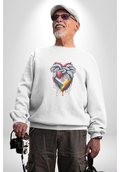 Kalp Damar Renkli Boyalı Unisex Beyaz Baskılı Sweatshirt Beyaz