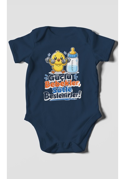 Morivokids Güçlü Bebekler Sütle Beslenir Kısa Kollu Bebek Body %100 Pamuk Lacivert