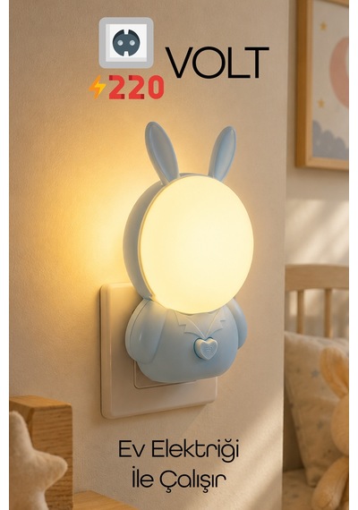 Gece Lambası Tavşan Tip 2 Mod Sarı-beyaz Işık Tuşlu Koridor Hol Işığı Uyuma Işığı Turkuaz K6821 Mavi