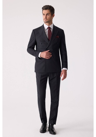 Erkek Lacivert Çizgili Slim Fit %100 Yün Çizgili Kruvaze Takım El