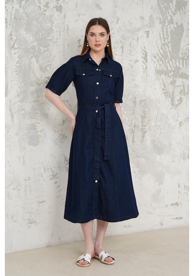 Livanomi Kemerli Denim Elbise Mavi