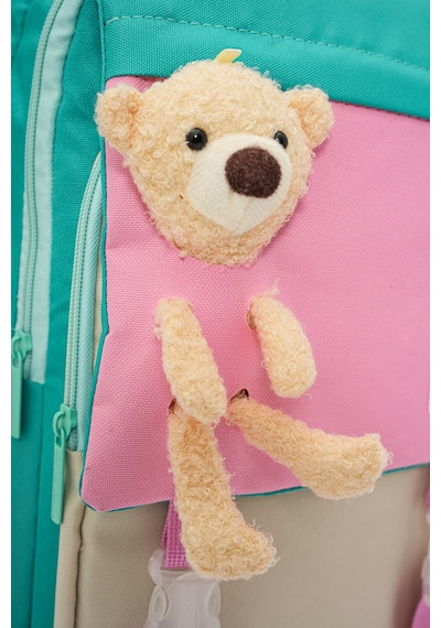 Peluş Ayıcık Detaylı Kız Çocuk İlkokul Çanta Seti Su Yeşili - Pembe