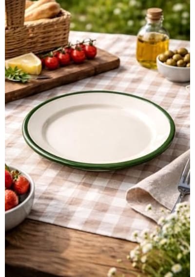 4&apos Lü Emaye Servis Tabağı Seti - 25 Cm Krem Renkli Yeşil Kenarlı Yemek Tabağı Takımı - Nostaljik Tasarım, Dayanıklı Ve Sağlıklı Mutfak Gereçleri - Kamp Ve Ev Kullanımına Uygun Açık