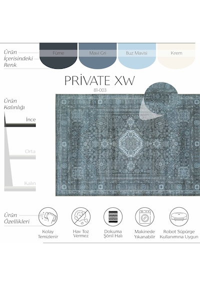 Cool Halı Private Xw Füme Rengi Vintage Halı Şönil Yıkanabilir Modern Klasik Desenli Salon Halısı Mavi