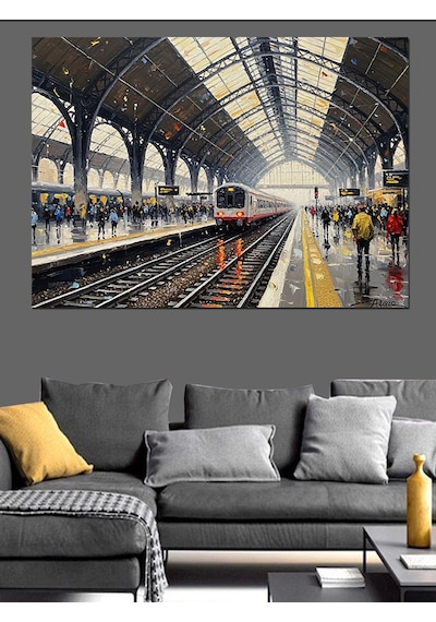 Gar İçinde Bekleyen Modern Tren Dekoratif Kanvas - Mdf Ahşap Tablo