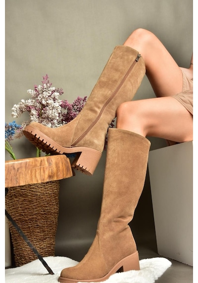 Fox Shoes R654047702 Taba Hakiki Deri Süet Kalın Topuklu Kadın Çizme Taba Fox Shoes R654047702 Taba Hakiki Deri Süet Kalın Topuklu Kadın Çizme Taba