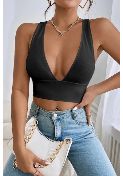 Terapi Men Kadın Antrasit Çapraz Sırt Detaylı Crop Top Bluz Antrasit