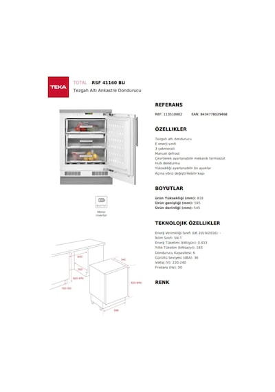Teka RSF 41160 BU Tezgah Altı Ankastre Dondurucu