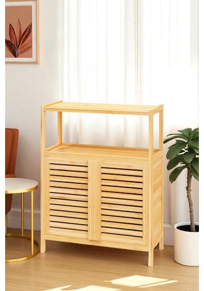 Digithome Bambu Çift Kapaklı 2 Raflı Banyo Düzenleyici Organizer Yatay Dolap Db-0038 Kahverengi