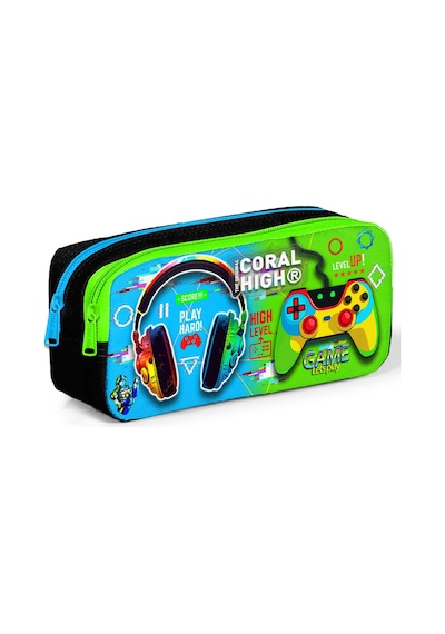 Coral High Kids Siyah Fosforlu Yeşil Kulaklık Game Desenli İki Bölmeli Kalem Çantası 12077