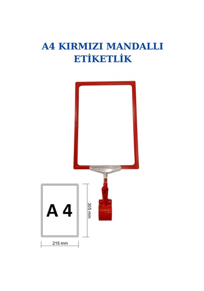 5 Adet Kırmızı A4 Mandallı Raf Sepet Etiketi Çerçeveli Etiketlik Kırmızı