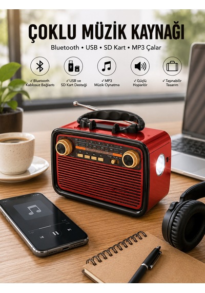 Ahşap Dokulu Led Li Bluetooth Bağlantılı Nostaljik Müzik Kutusu