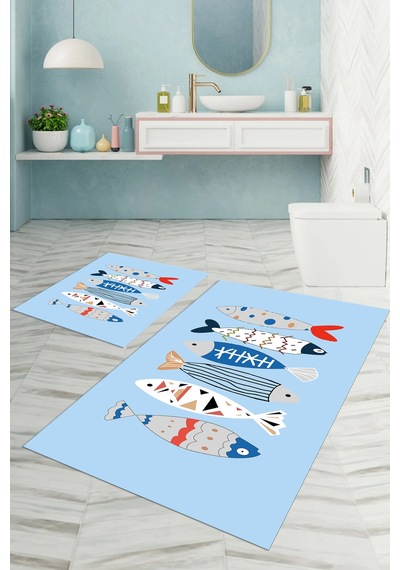 Buççin Online Mağaza Dijital Baskılı Yıkanabilir Renkli Balık Desenli Banyo Paspası Klozet Takımı Polyester Mavi Çok Renkli