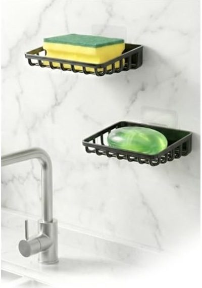 2'li Set Yapışkanlı Banyo Sabunluk, Katı Sabun Tutacağı, Lavabo Mutfak Katı Sabunluk Süngerlik Siyah Siyah Çok Renkli