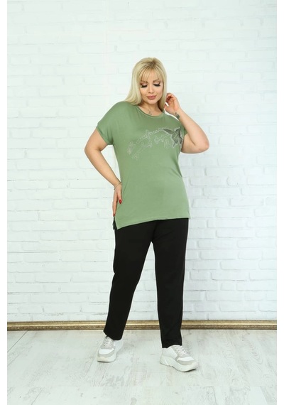 Modasehle Kadın Büyük Beden Yeşil Taşlı T-shirt Yeşil