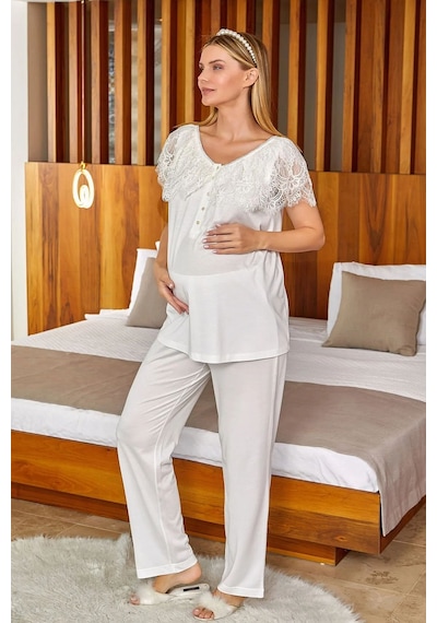 Cossy By Aqua 24650 Hamile Lohusa Kısa Kollu Pijama Takımı-krem