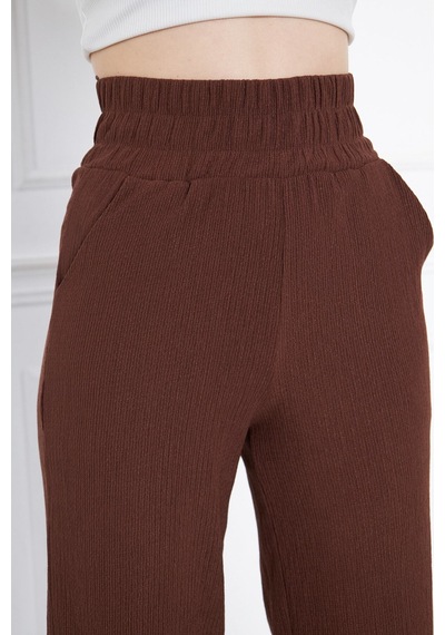 Thiff Gymwear Siyah Beli Lastikli Bol Paça Çift Cepli Yüksek Bel Bürümcük Örme Kadın Pantolon Kahverengi