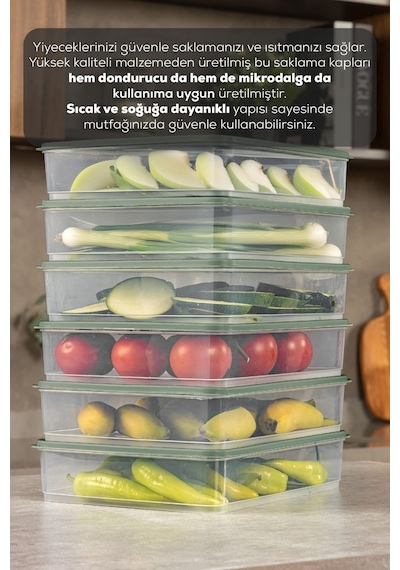 Vienev 6'lı 3,5 Litre Buzdolabı Dondurucu Organizer Saklama Kabı Yeşil