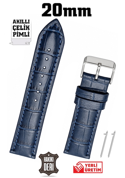20mm Lacivert Kroko Hakiki Deri Saat Kordonu Kayış Akıllı Pimli