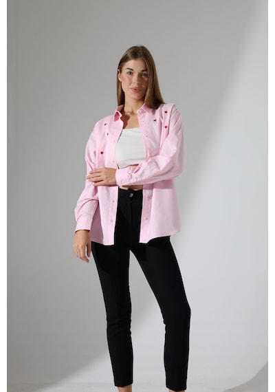 Corradeo Giyim Yeni Sezon Oversize Çizgili Poplin Kumaş Kalp Nakış Detaylı Apoletli Tasarım Gömlek Pembe