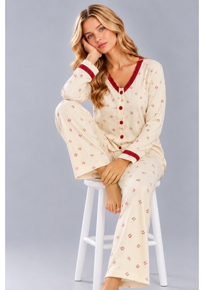 Pijamask Kadın Çiçek Ve Kelebek Desenli V Yaka Düğmeli Uzun Kollu Kaşkorse Pijama Takımı Ekru Pijamask Kadın Çiçek Ve Kelebek Desenli V Yaka Düğmeli Uzun Kollu Kaşkorse Pijama Takımı Ekru