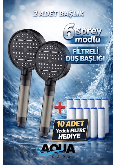 2 Adet 6 Fonksiyonlu Filtreli Duş Başlığı 10adet Yedek Filtre Su Arıtmalı, Klor Ve Kireç Önleyici, Yüksek Basınçlı Gri - Siyah