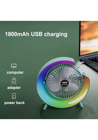 Şarjlı Masaüstü Vantilatör Rgb Led Işıklı 3 Kademeli 180 Ayarlanabilir Soğutucu Fan Gece Lambası Yeşil