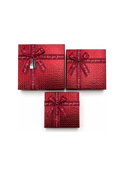 3pcs Kare Parlak Mix Renkli - Kabartma Desen Karton Hediye Kutusu Kurdelalı 19-17-15cm Diğer