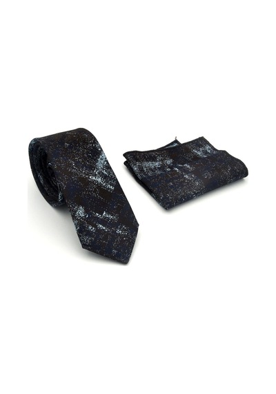 Gaffy Turkuaz Lacivert Desenli Kahverengi Dokuma Kumaş Mendilli Slim Fit Kravat // Sdk-2608-7 Turkuaz