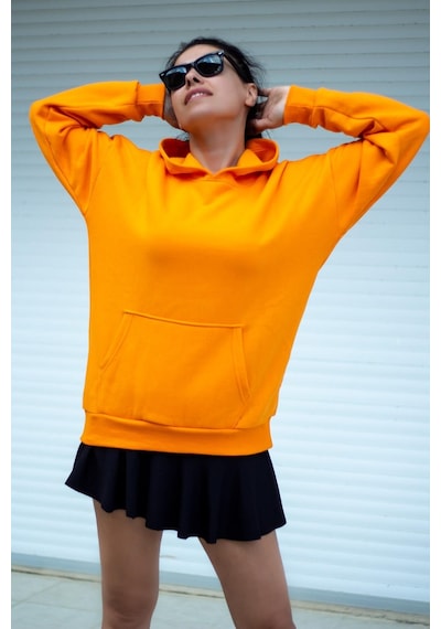 Azıcık Akıllı Kadın Turuncu Basic 3 Üç İplik Ekstra Kalın Kapüşonlu Kanguru Cep Uzun Kollu Sweatshirt 23kswtucpl 001