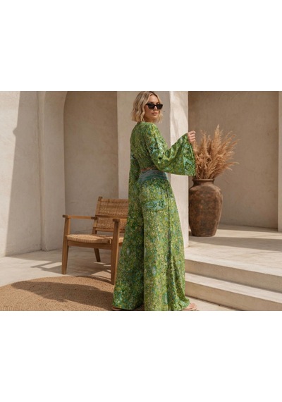 İbeeka Bohem Luxe Paisley Desen Gipeli Crop Akışkan Bol Paça Pantolon Takım Yeşil