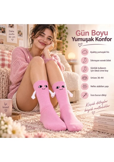 Womanandkids Wak El Ele Tutuşan Mıknatıslı Sevimli Çorap 36-44 - Çift Hediyesi, Pamuklu Renkli Crew Model Pembe