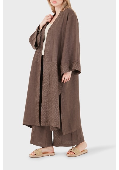Via Dante % 100 Keten Brode İşlemeli Kimono Bayan Kimono 69912196 Kahve