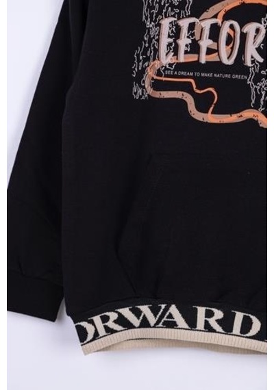 Nk Kids Erkek Çocuk Kapüşonlu Kanguru Cepli Effort Baskılı Sweatshirt-13016-siyah