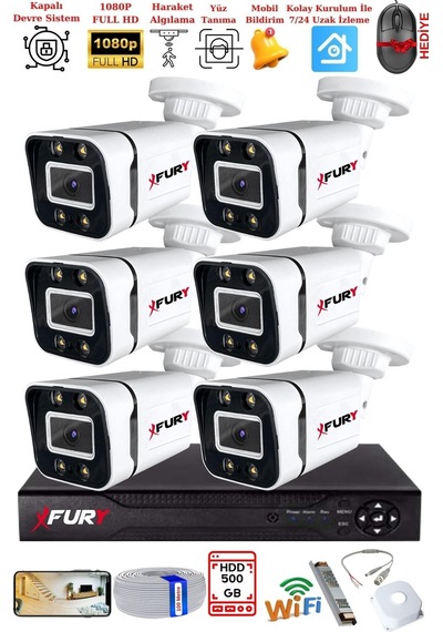 Fury 6 Kameralı 1080p Görüntü Gece Renkli Full Hd 4 X Ultra Led Gece Renkli Güvenlik Kamerası Seti 500gb