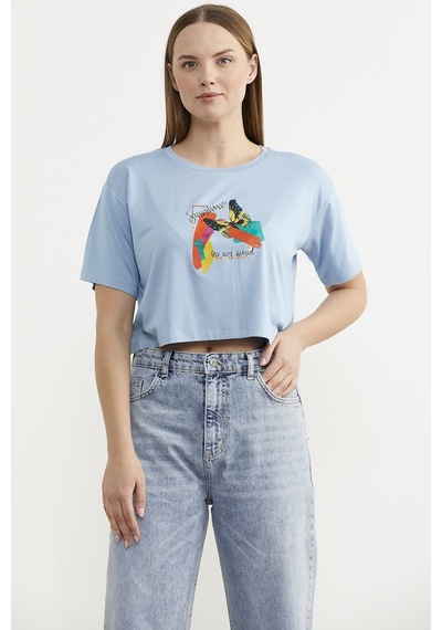 Oversize Baskılı Crop Tişört - Mavi Çok Renkli