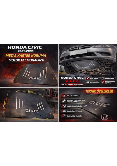 Honda Civic Vtec 2001-2006 Uyumlu Karter Koruma Motor Alt Muhafaza Sacı Cıvıc Yazılı 0