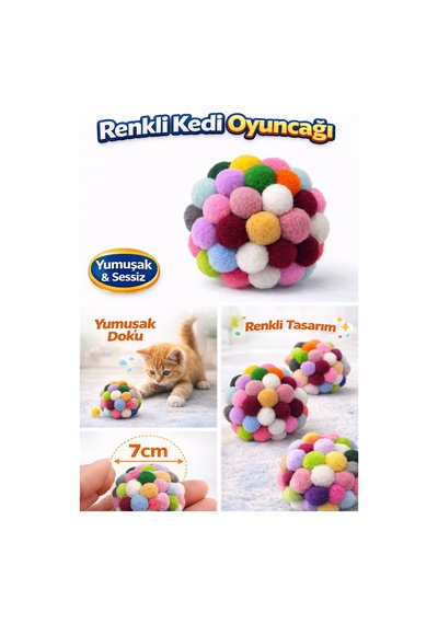 Renkli Ponpon Kedi Oyuncak Topu 7 Cm Yumuşak Sessiz Kedi Oyun Topu