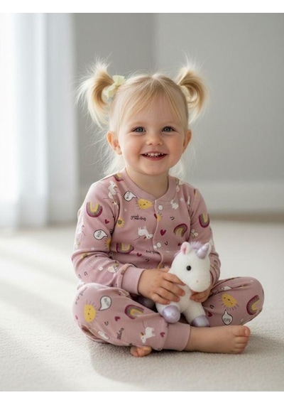 Zekids Kız Bebek Pamuklu Önü Çıtçıtlı Desenli Pijama Takımı-16270 Çok Renkli