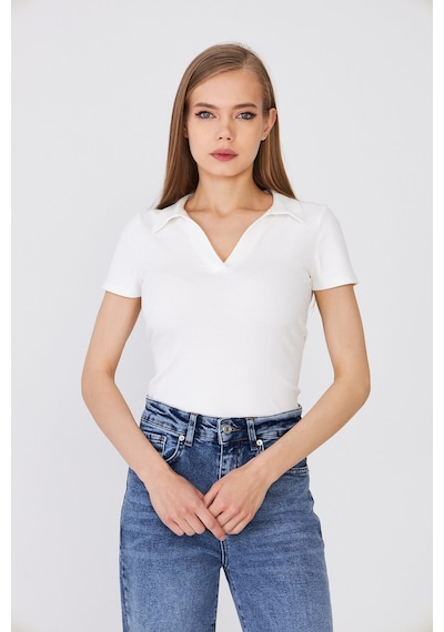 Hdm Kadın Ekru Polo Yaka Fitilli Günlük Bluz - H6038